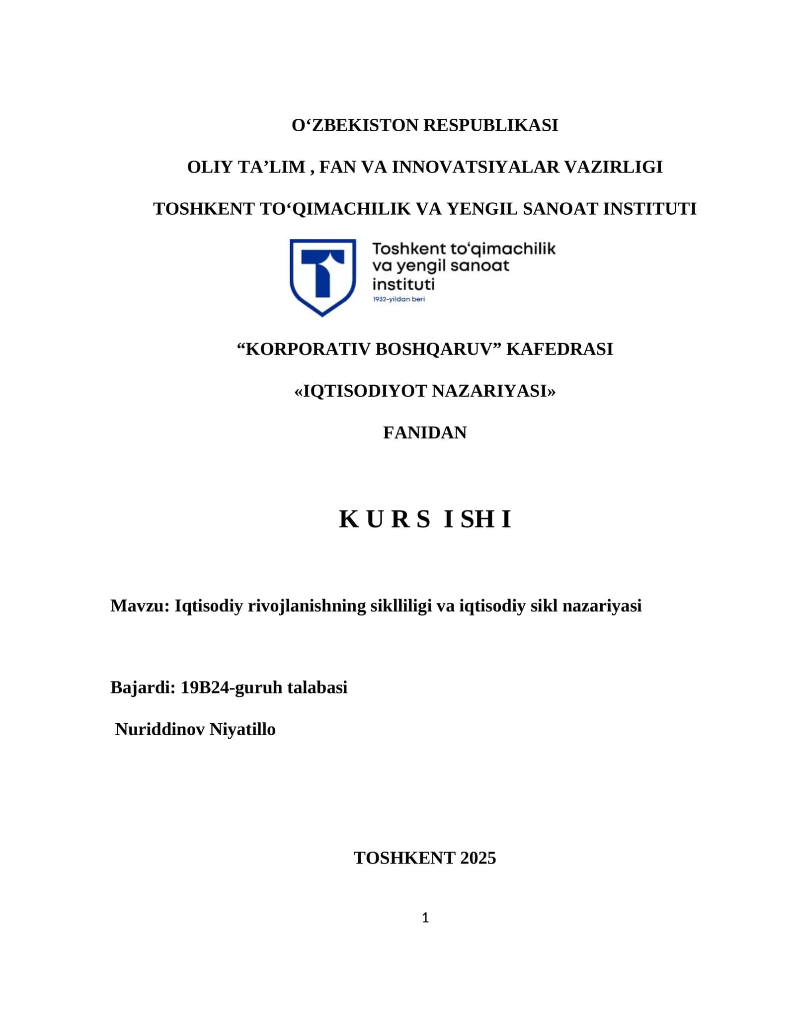 Iqtisodiy rivojlanishning siklliligi va iqtisodiy sikl nazariyasi