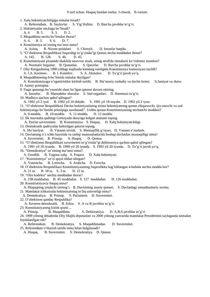 9 sinf uchun Huquq fanidan testlar