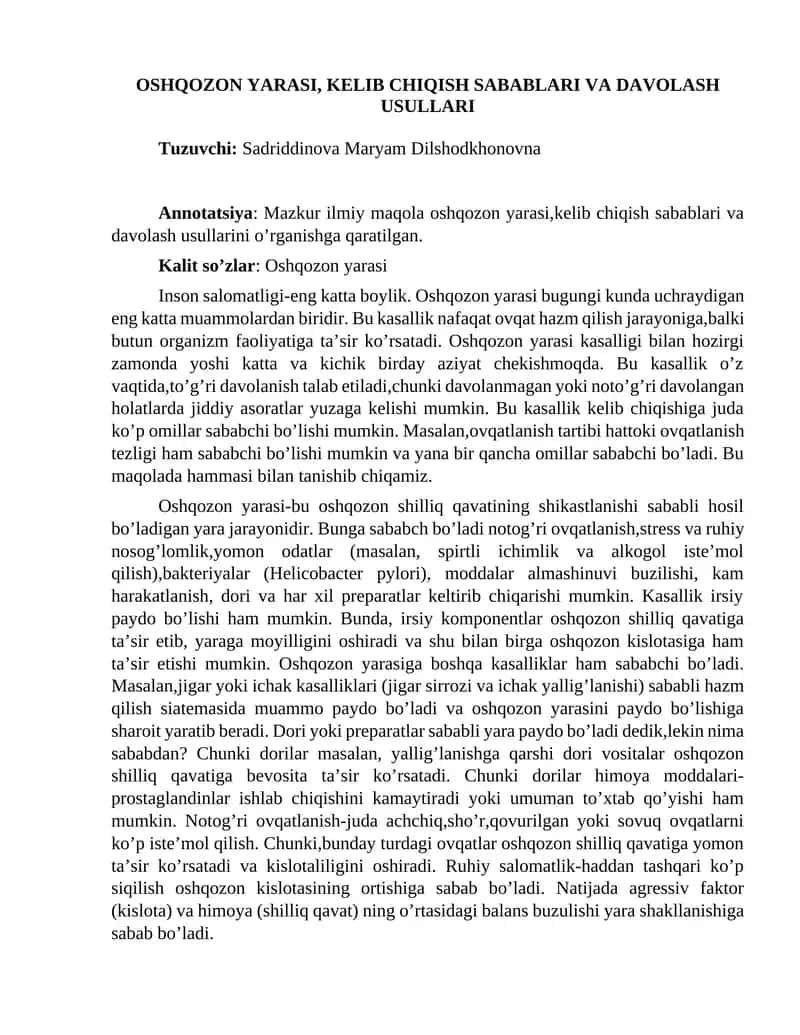 OSHQOZON YARASI, KELIB CHIQISH SABABLARI VA DAVOLASH USULLARI