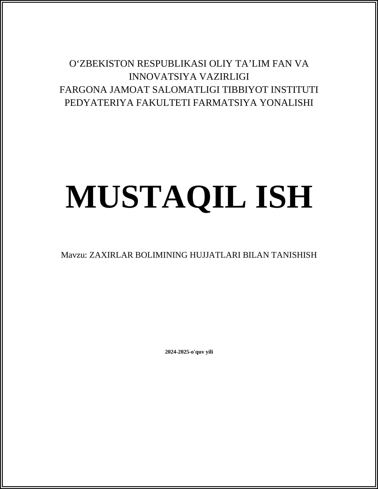 Zaxirlar Bo'limining Hujjatlari