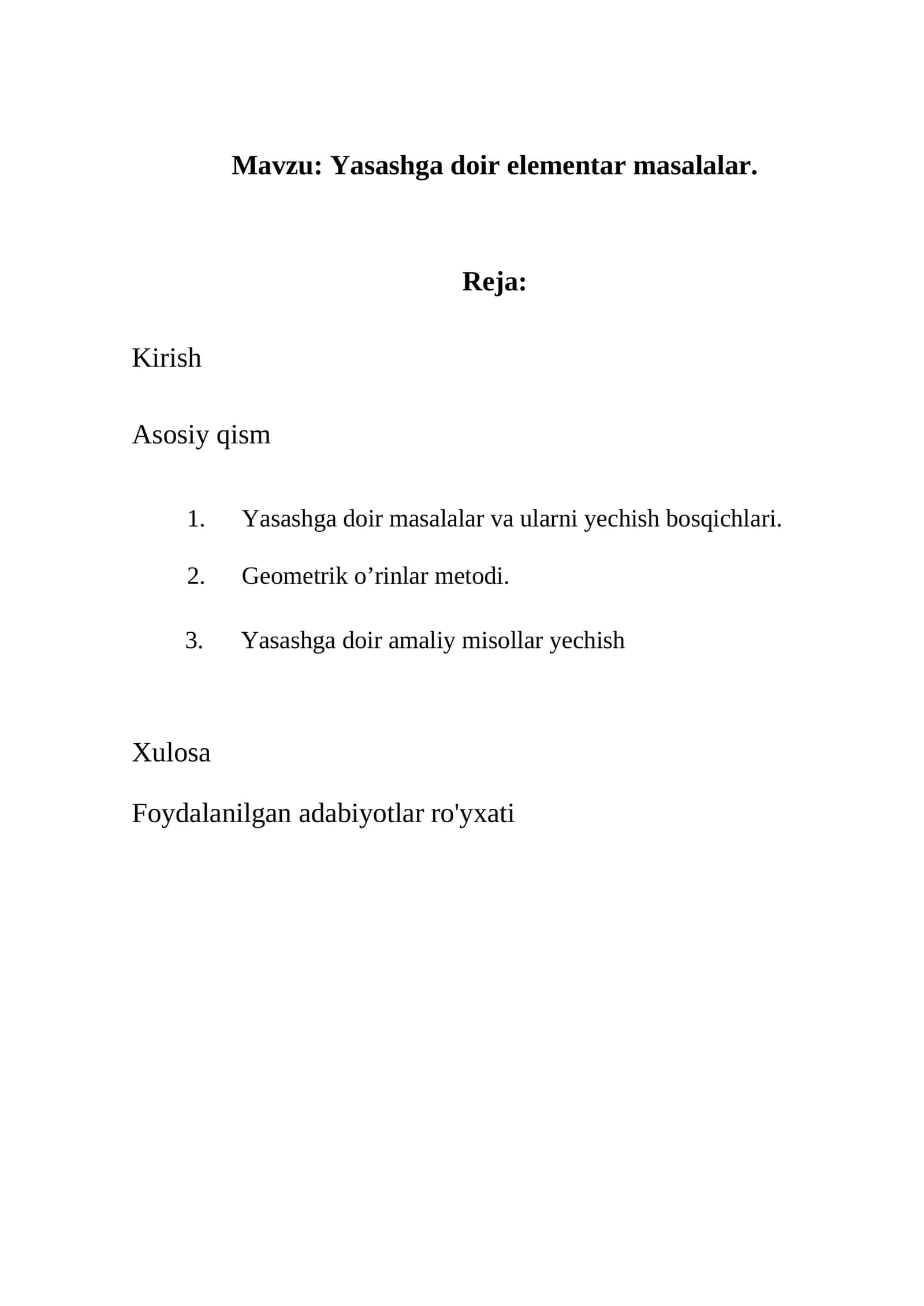 Yasashga doir elementar masalalar