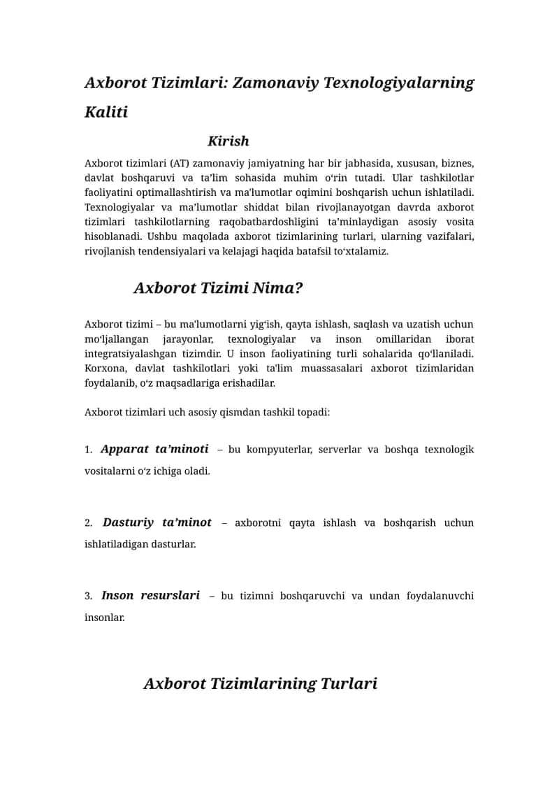 Axborot Tizimlari: Zamonaviy Texnologiyalarning Kaliti