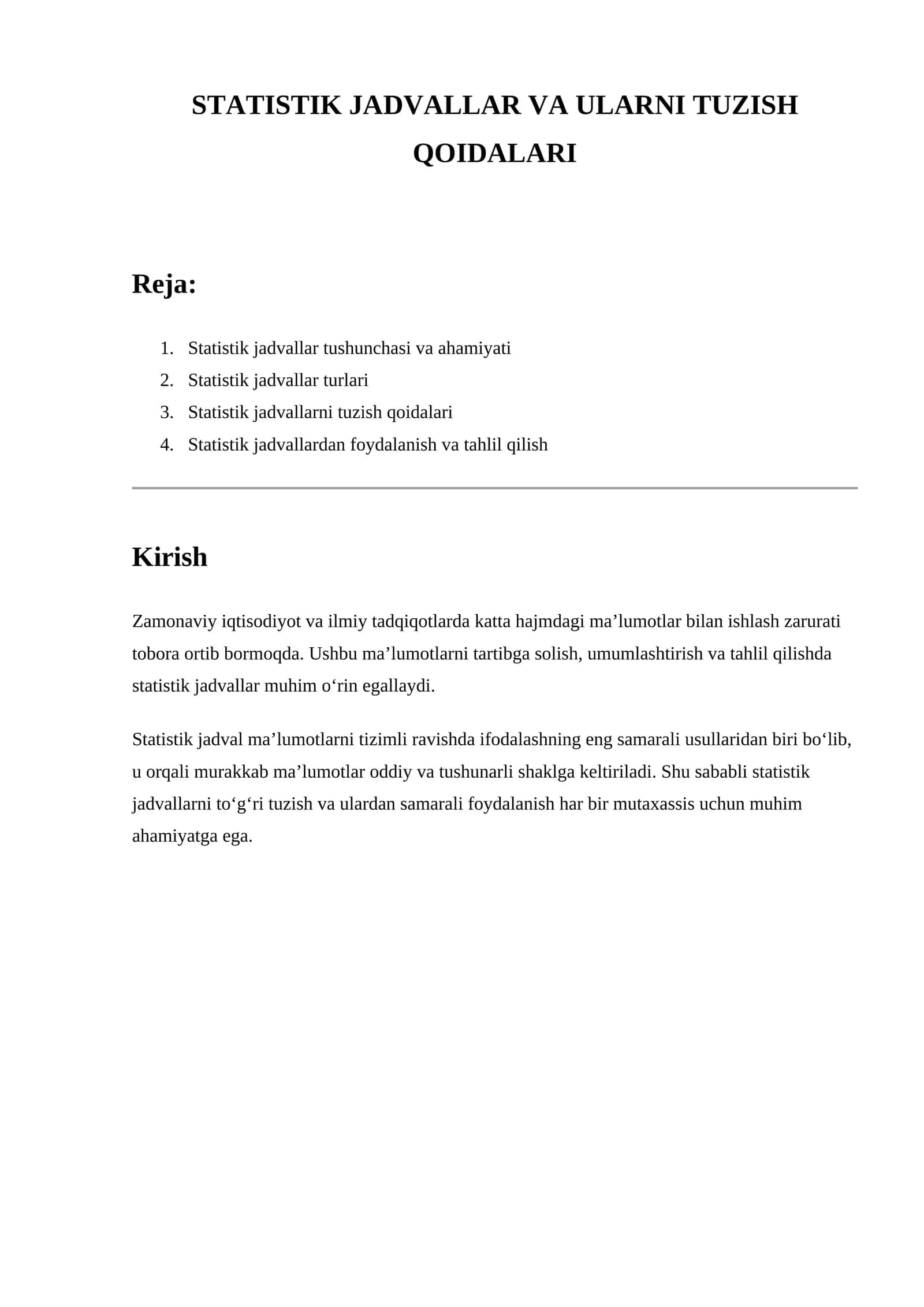 Statistik jadvallar va ularni tuzish qoidalari – tayyor referat ( jadvallar bilan)