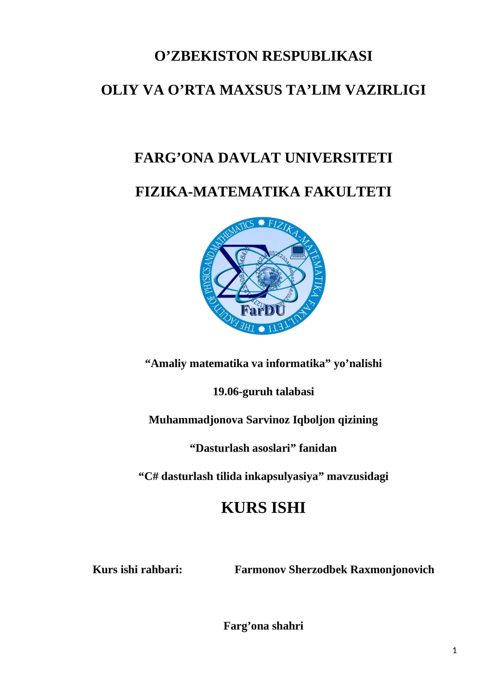 C# dasturlash tilida inkapsulyasiya