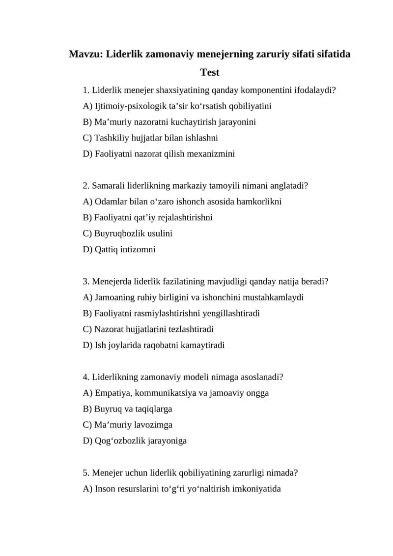 Liderlik zamonaviy menejerning zaruriy sifati sifatida