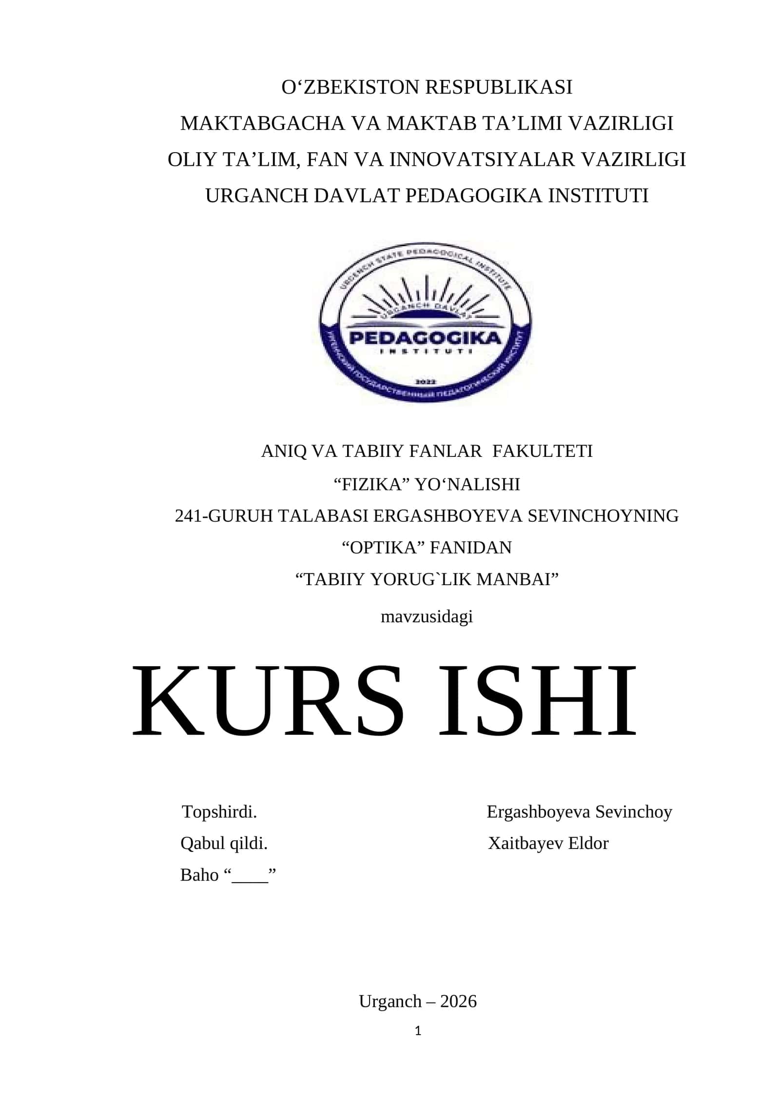 "TABIIY YORUG‘LIK MANBAI" KURS ISHI