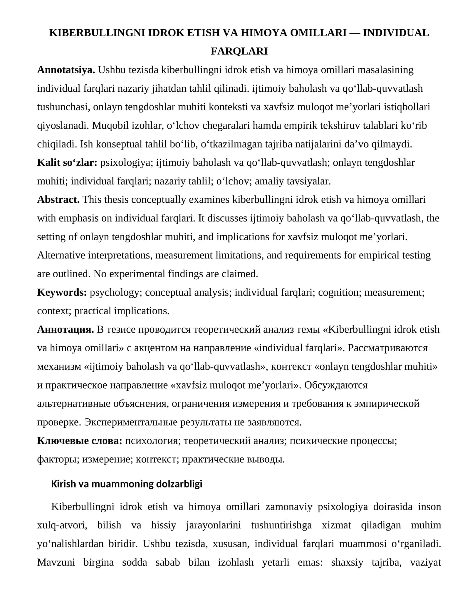 KIBERBULLINGNI IDROK ETISH VA HIMOYA OMILLARI — INDIVIDUAL FARQLARI