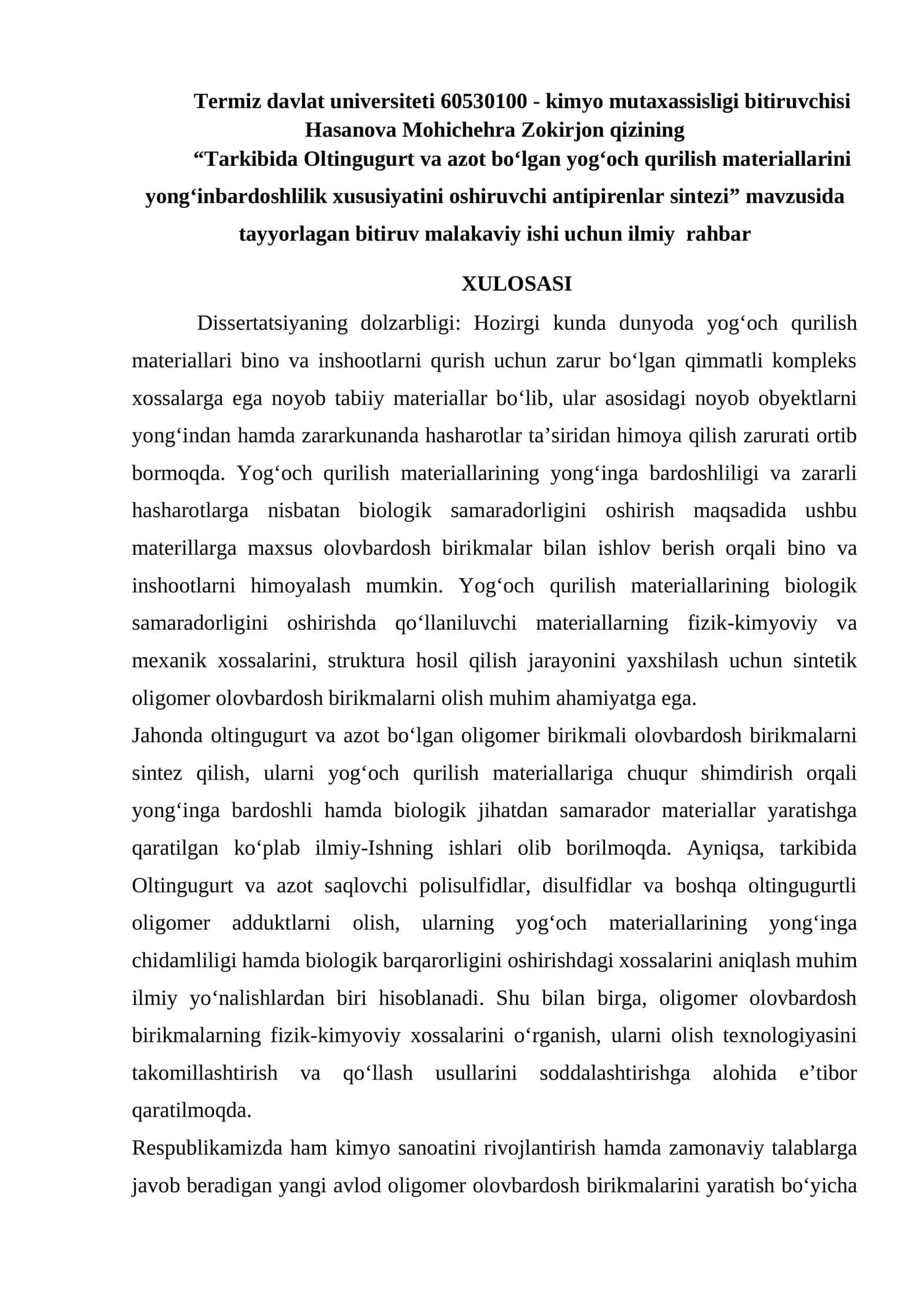 Bitiruv malakaviy ishi "Tarkibida Oltingugurt va azot bo‘lgan yog‘och qurilish materiallarini yong‘inbardoshlilik xususiyatini oshiruvchi antipirenlar sintezi"