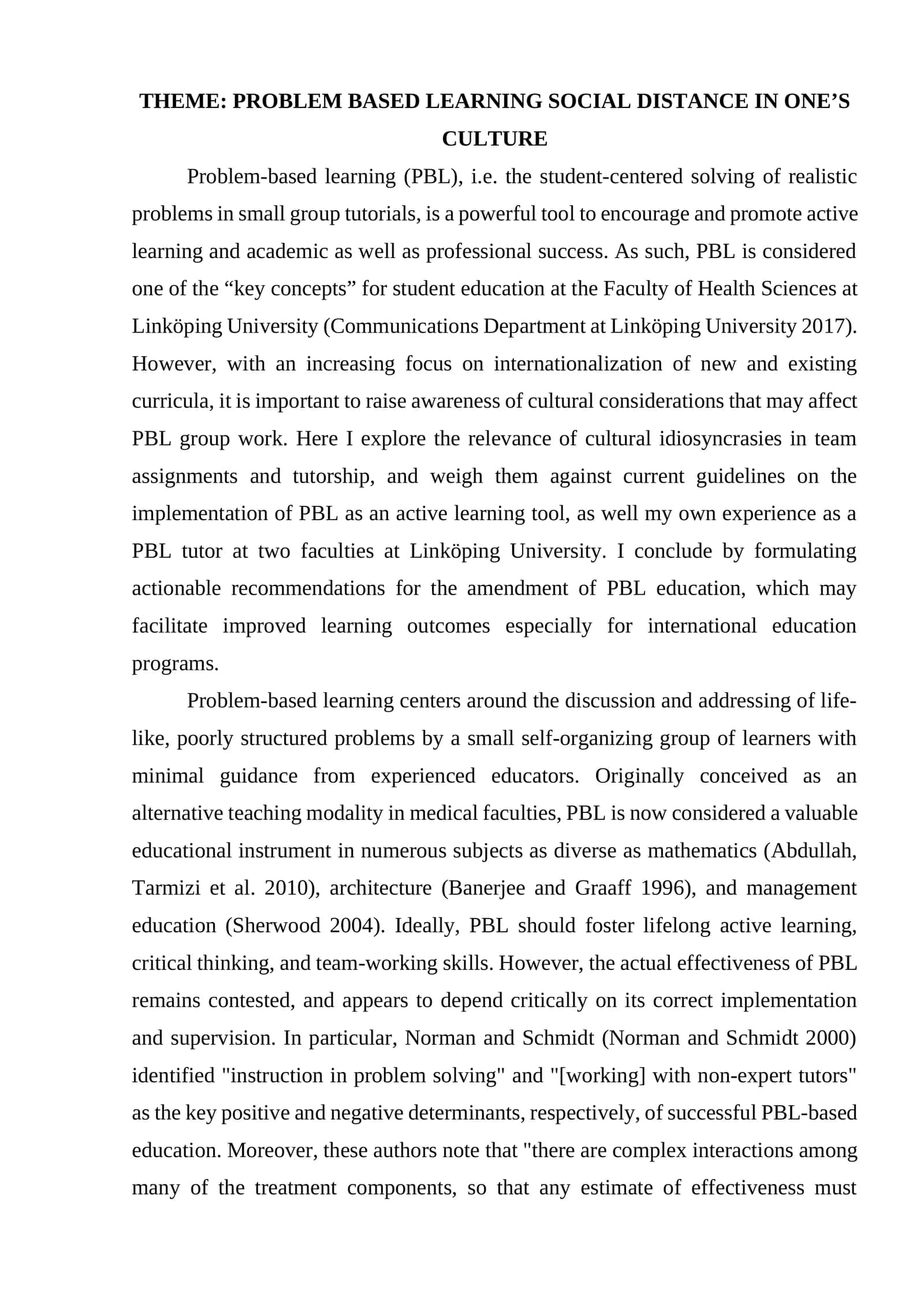 PROBLEM BASED LEARNING SOCIAL DISTANCE IN ONE’S CULTURE