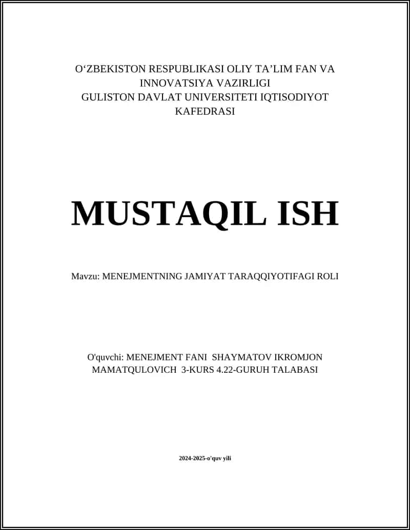 Menejmentning Jamiyat Taraqqiyotifagi Roli