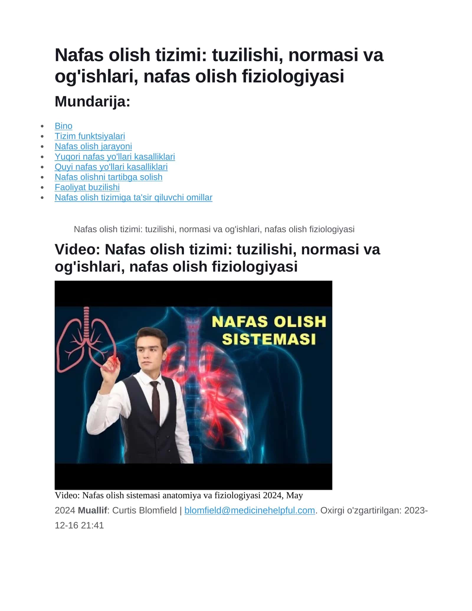 Nafas olish tizimi: tuzilishi, normasi va og'ishlari, nafas olish fiziologiyasi