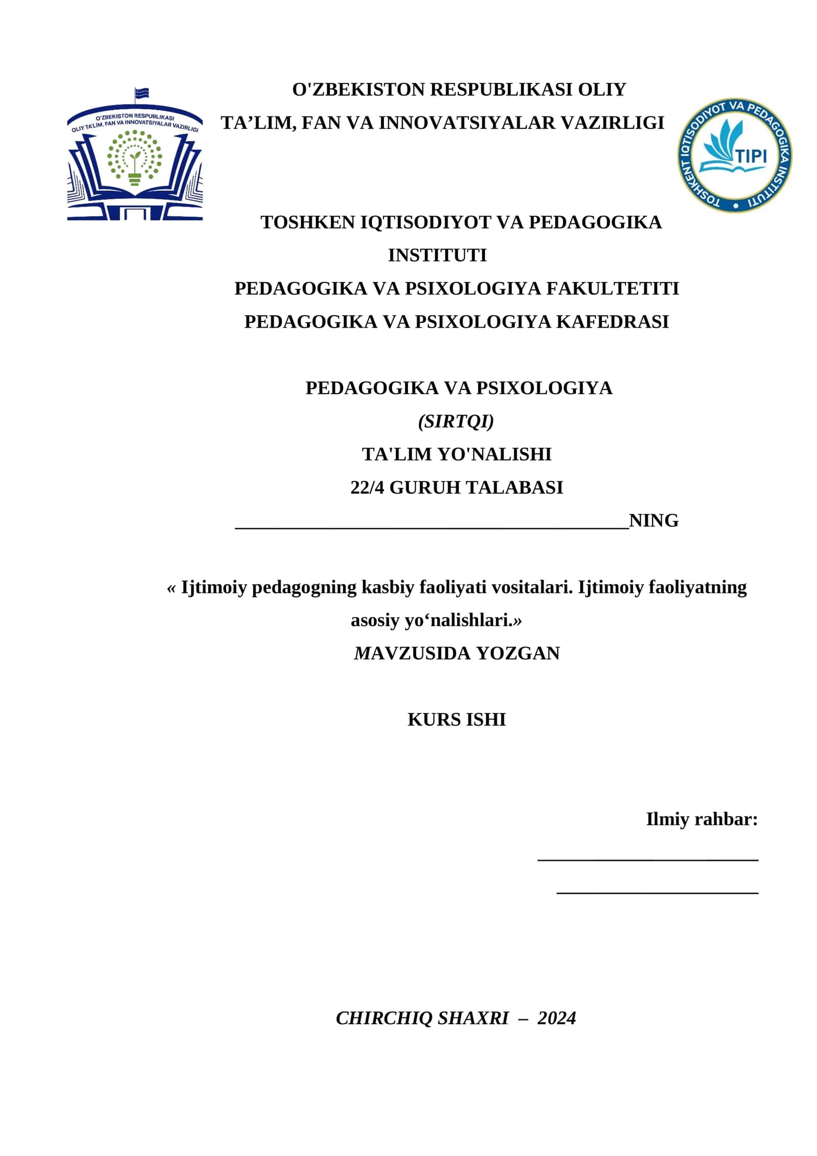 Ijtimoiy pedagogning kasbiy faoliyati vositalari. Ijtimoiy faoliyatning asosiy yo'nalishlari