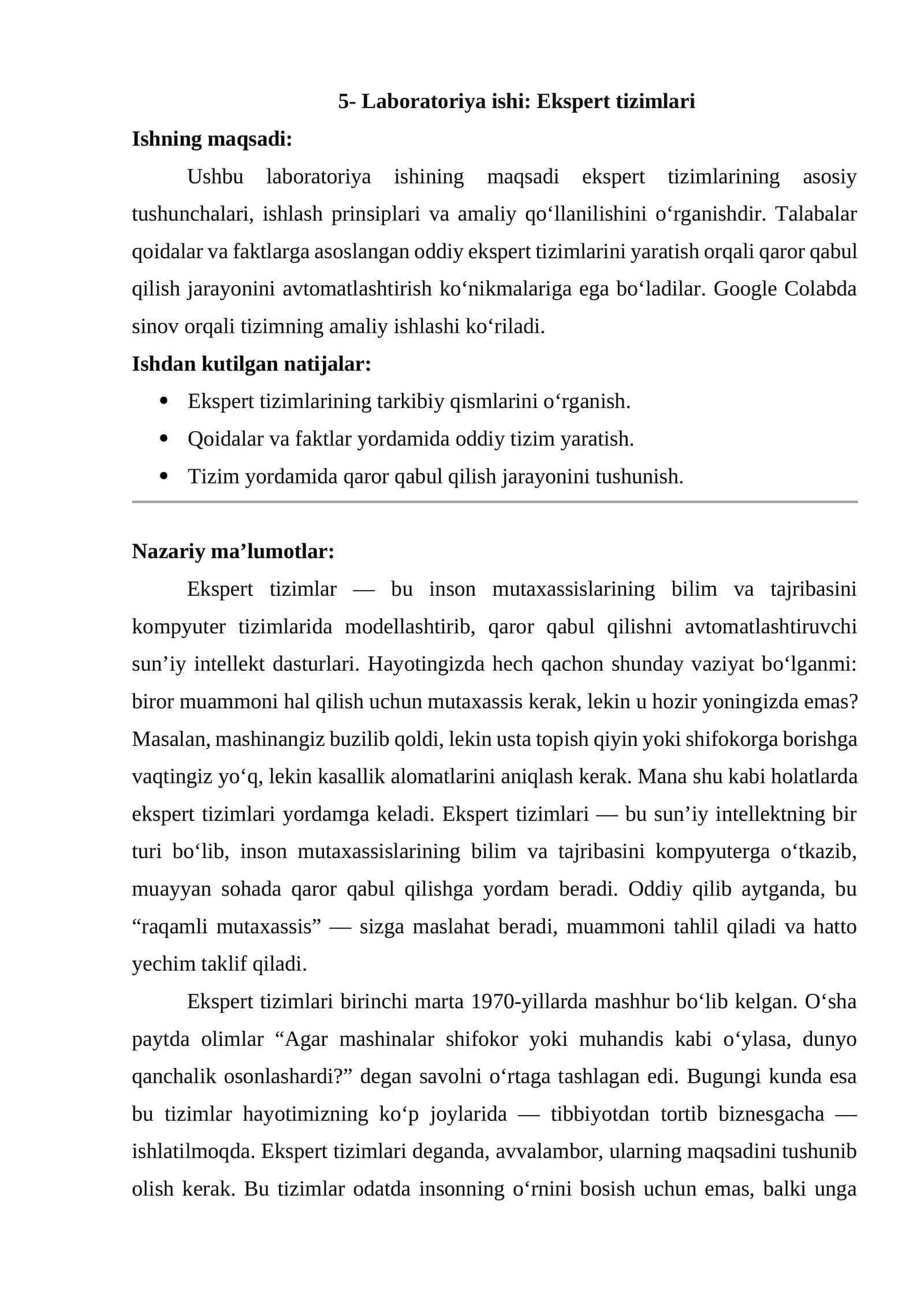 5- Laboratoriya ishi: Ekspert tizimlari