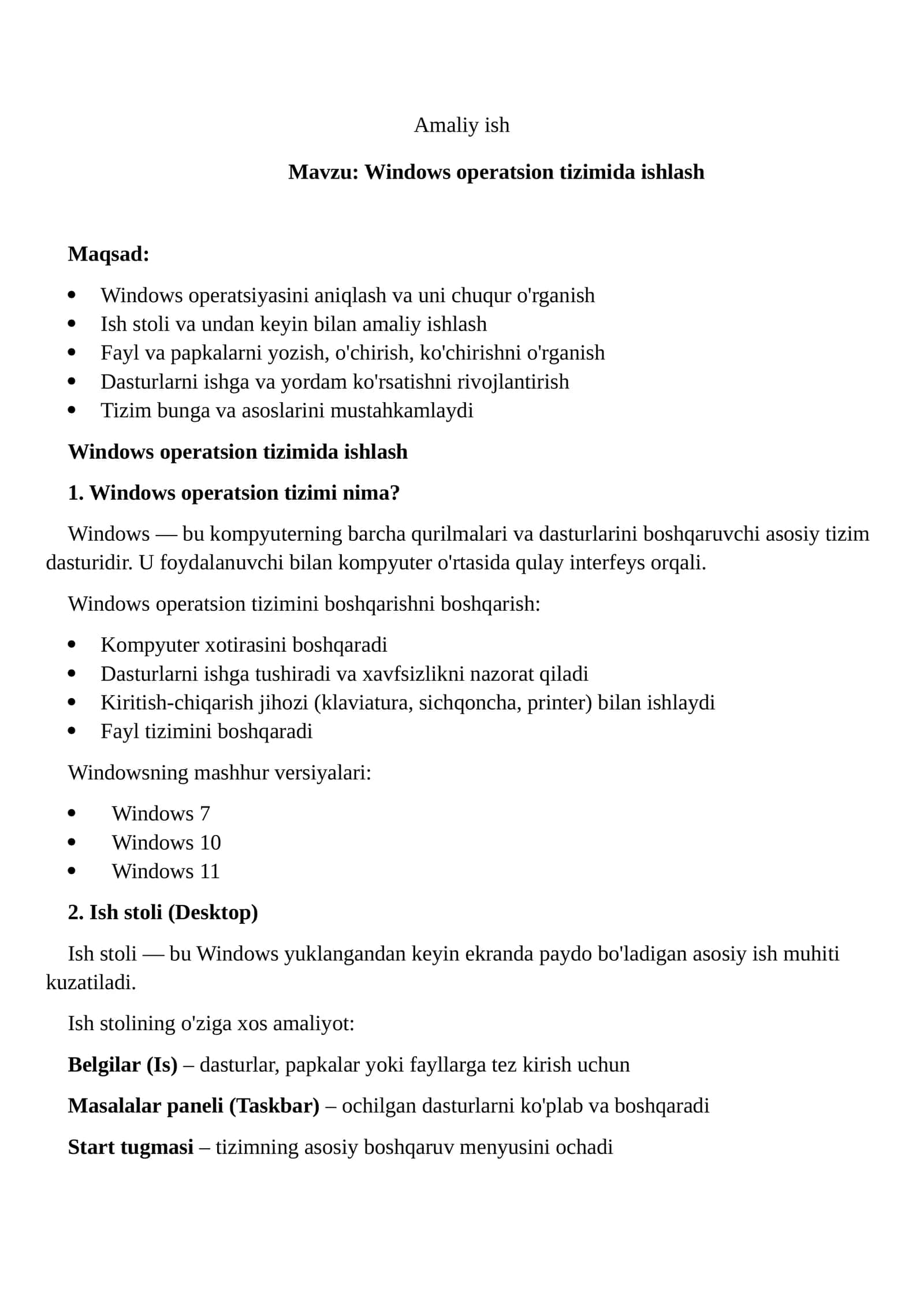 Windows operatsion tizimida ishlash