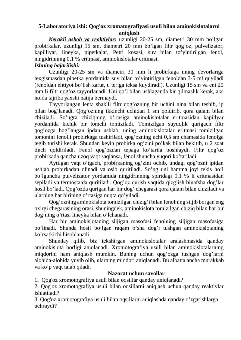 5-Laboratoriya ishi: Qog'oz xromatografiyasi usuli bilan aminokislotalarni aniqlash