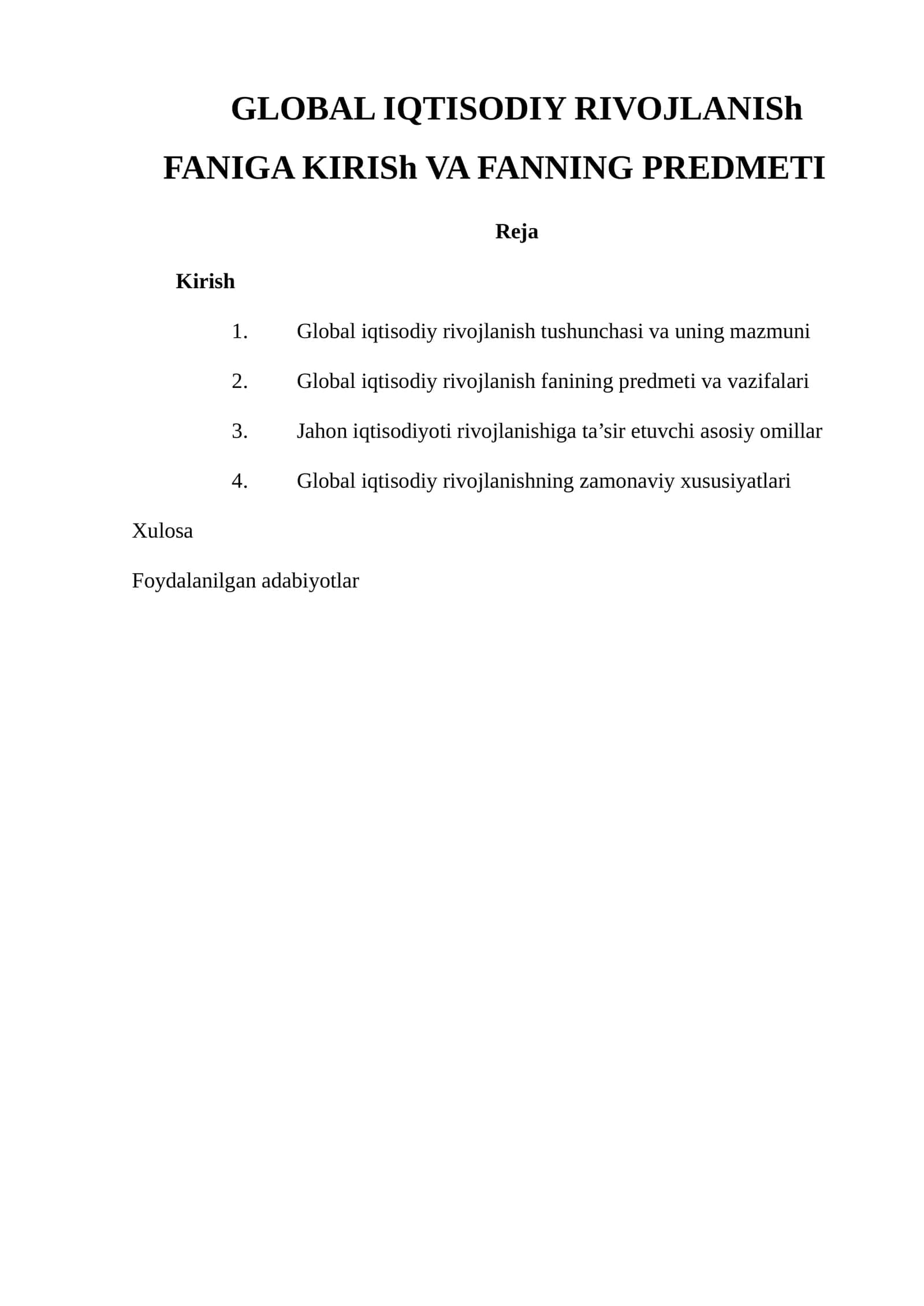 Global iqtisodiy rivojlanish fani