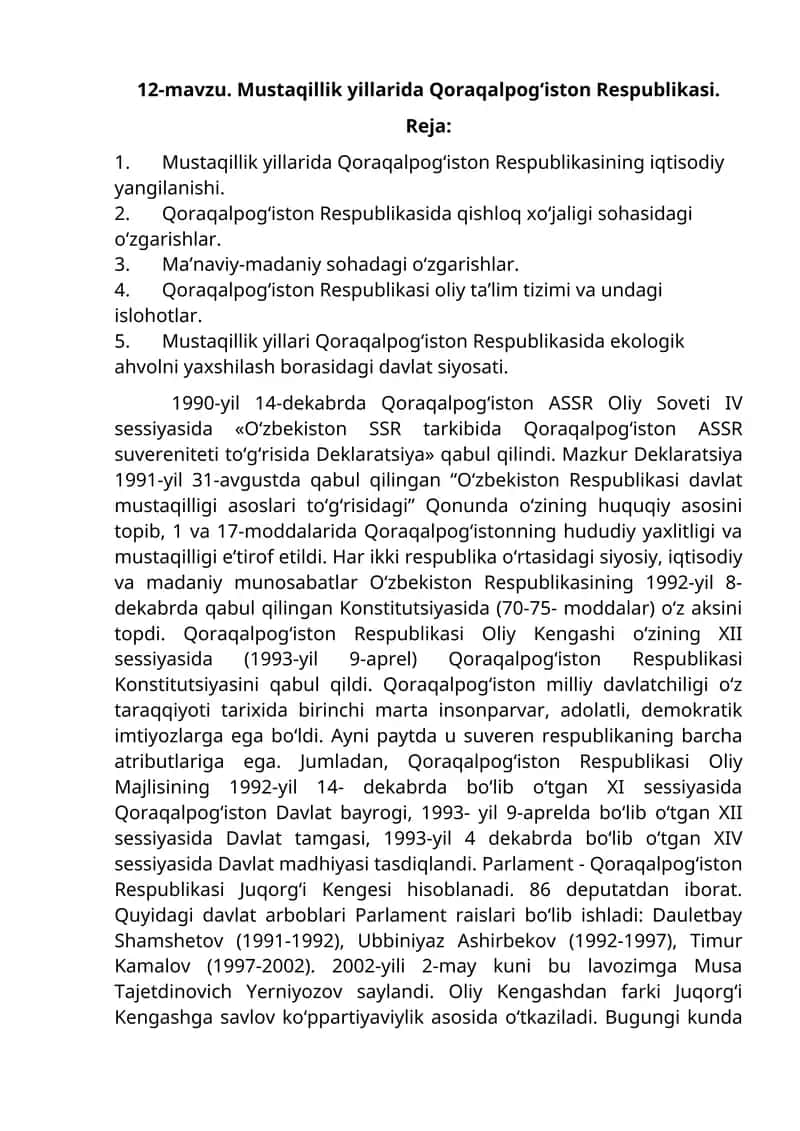 Mustaqillik yillarida Qoraqalpog‘iston Respublikasi