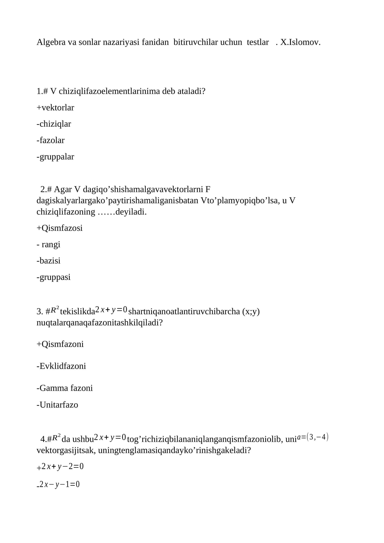 Algebra va sonlar nazariyasi fanidan bitiruvchilar uchun testlar