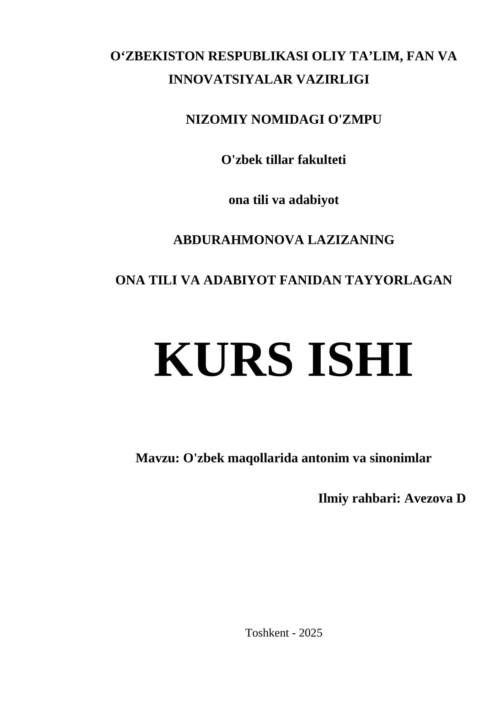O'zbek maqollarida antonim va sinonimlar kurs ishi