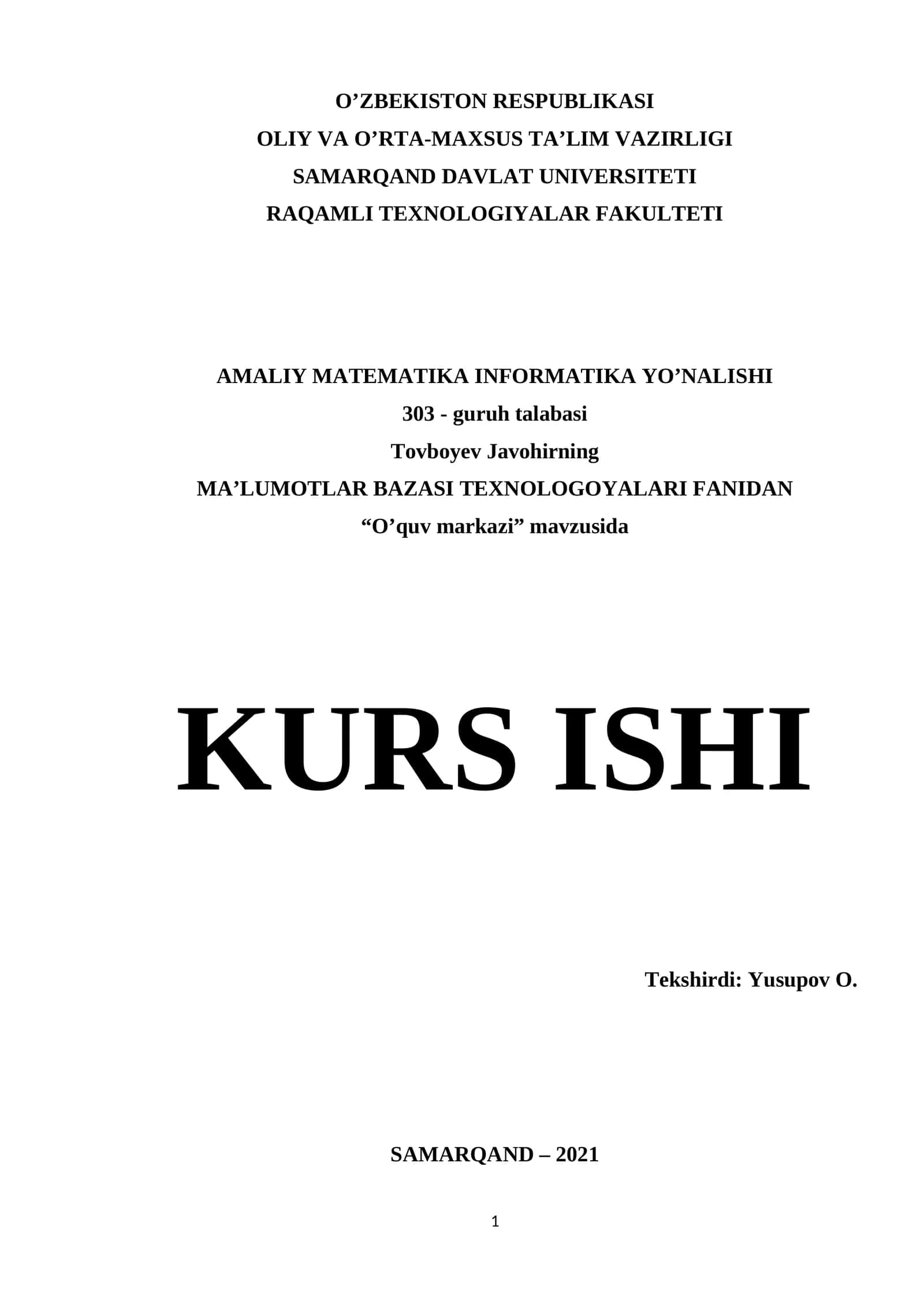 O'quv markaz ma'lumotlar bazasini yaratish
