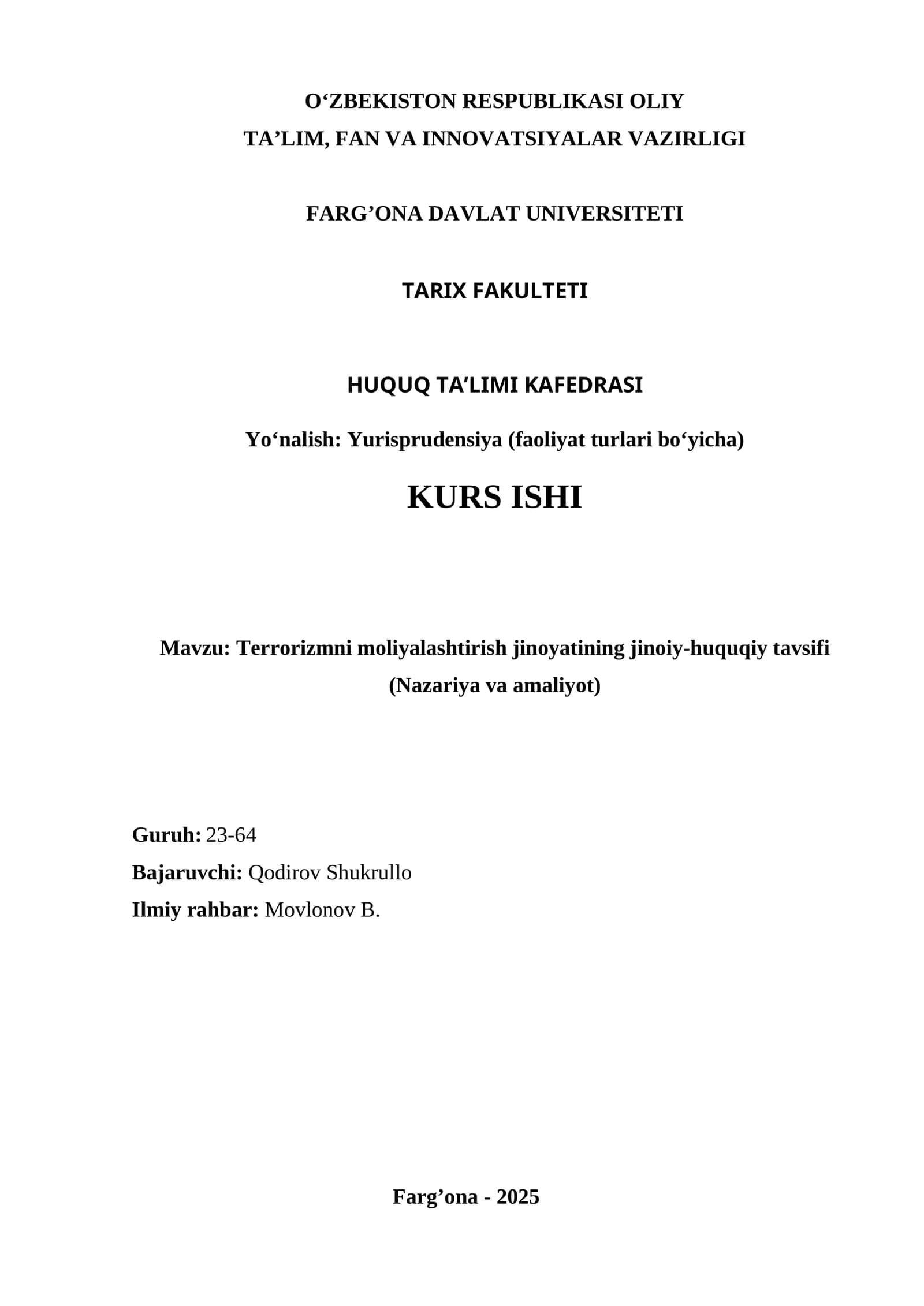 Terrorizmni moliyalashtirish jinoyatining jinoiy-huquqiy tavsifi (Nazariya va amaliyot)