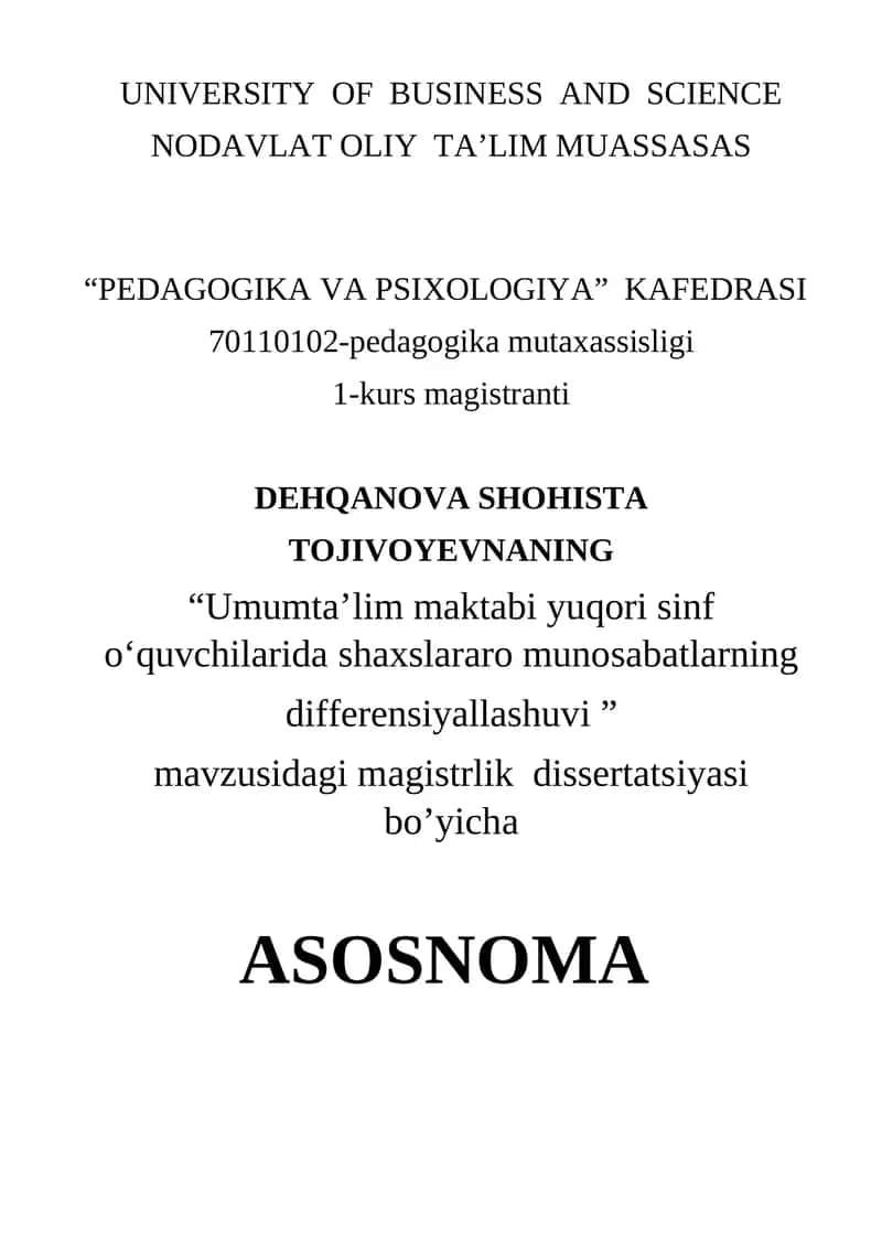MUNDARIJA - "Umumta’lim maktabi yuqori sinf o‘quvchilarida shaxslararo munosabatlarning differensiyallashuvi”