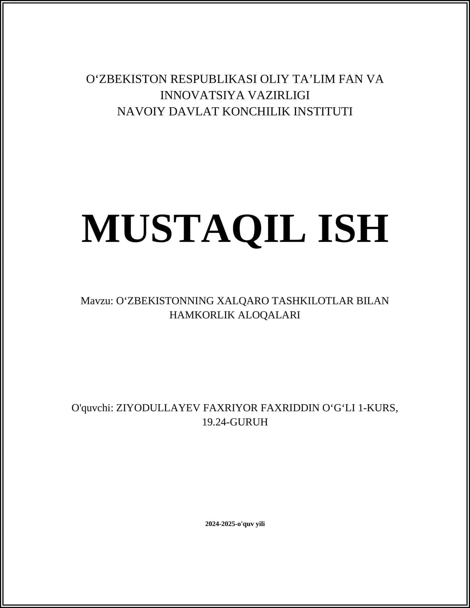 Oʻzbekistonning Xalqaro Tashkilotlar Bilan Hamkorlik Aloqalari
