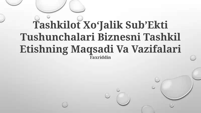 Tashkilot XoʻJalik SubʼEkti Tushunchalari Biznesni Tashkil Etishning Maqsadi Va Vazifalari