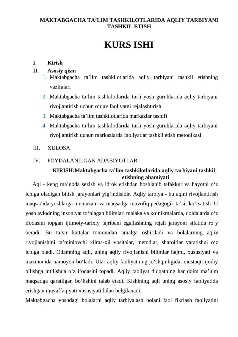 Maktabgacha ta’lim tashkilotlarida aqliy tarbiyani tashkil etish