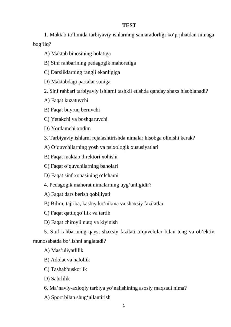 Tarbiyaviy ishlarni amalga oshirishda sinf rahbarining pedagogik mahorati mavzusidan test.docx