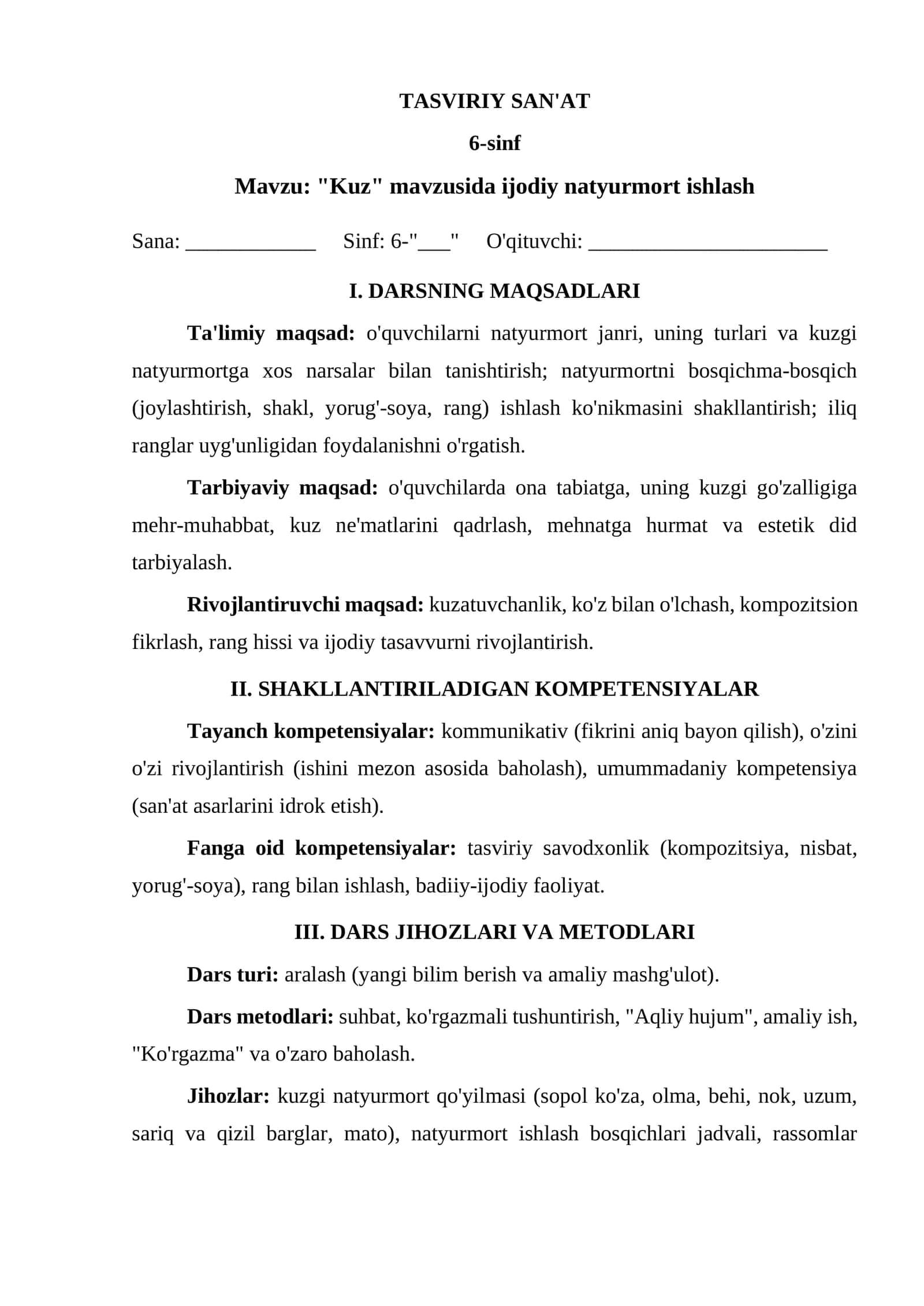 TASVIRIY SAN'AT 6-sinf "Kuz" mavzusida ijodiy natyurmort ishlash