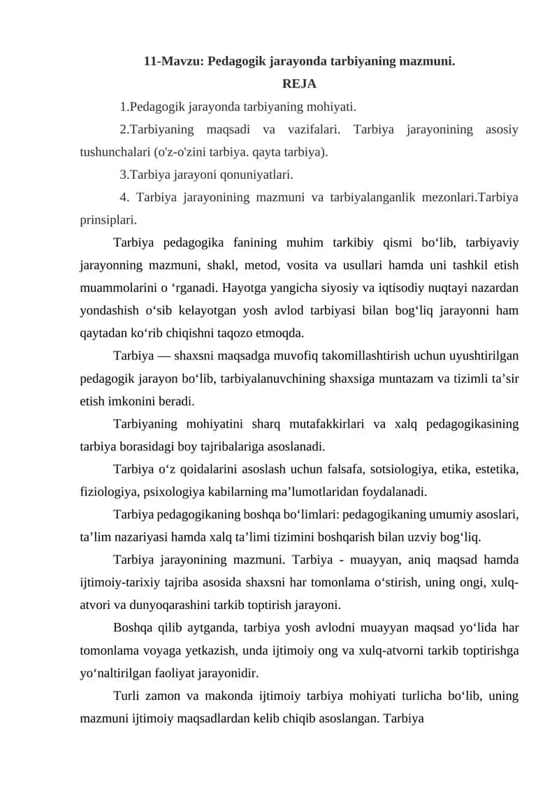 Pedagogik jarayonda tarbiyaning mazmuni
