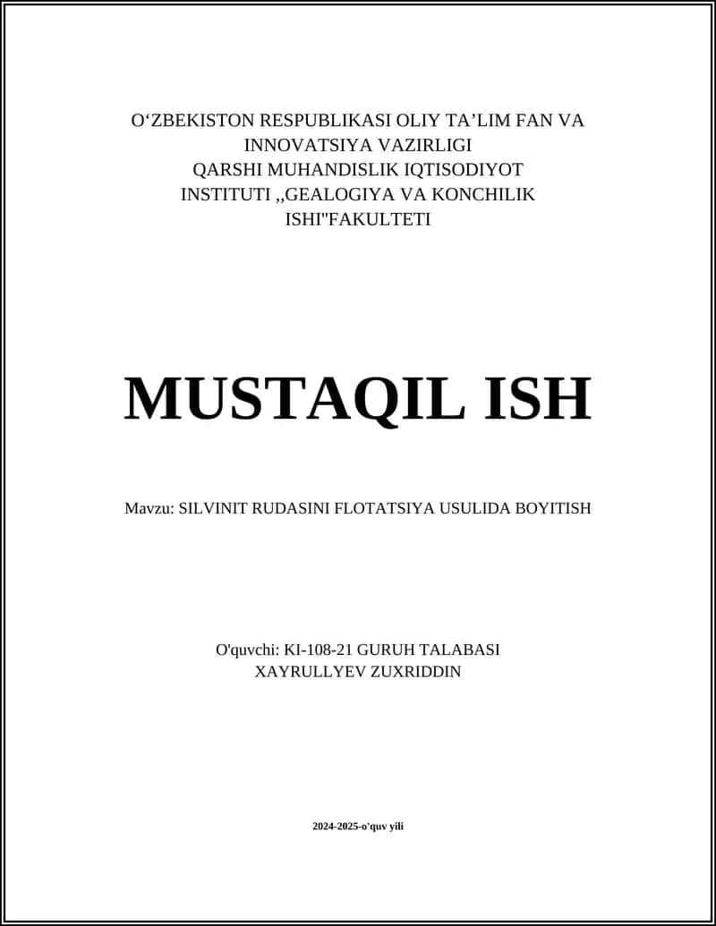 SILVINIT RUDASINI FLOTATSIYA USULIDA BOYITISH