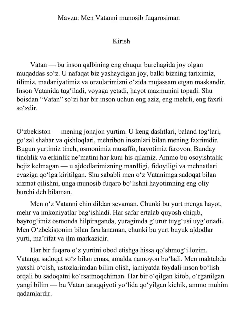 Mavzu: Men Vatanni munosib fuqarosiman