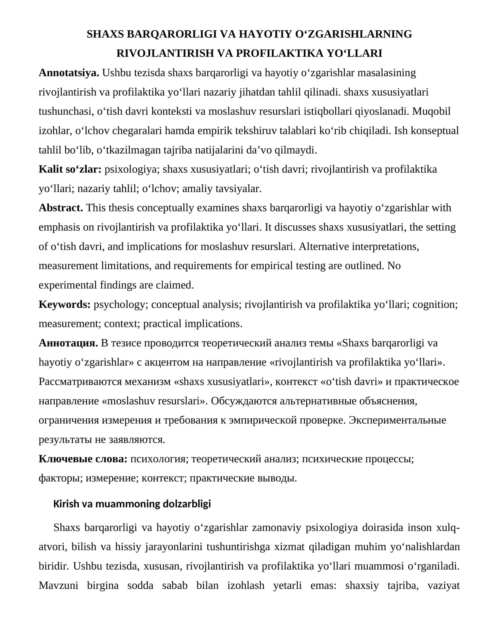SHAXS BARQARORLIGI VA HAYOTIY O‘ZGARISHLARNING RIVOJLANTIRISH VA PROFILAKTIKA YO‘LLARI