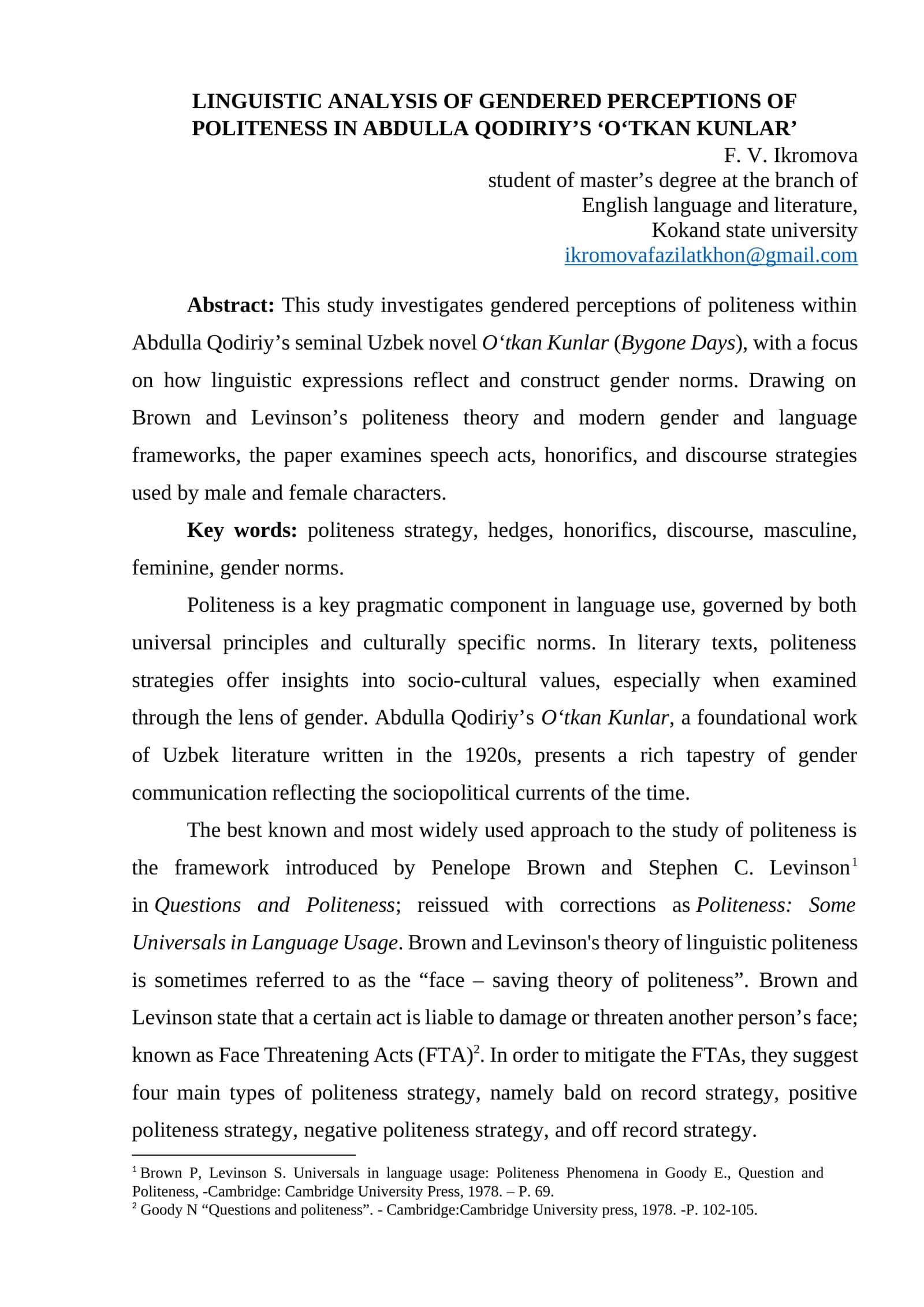 vLINGUISTIC ANALYSIS OF GENDERED PERCEPTIONS OF POLITENESS IN ABDULLA QODIRIY’S ‘O‘TKAN KUNLAR’