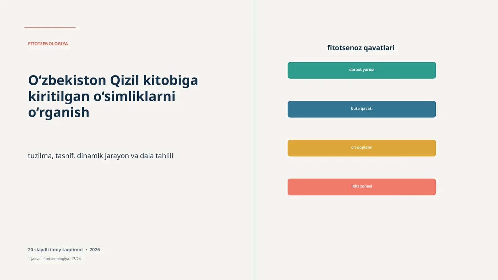 FITOTSENOLOGIYA Study of the plant species introduced into the Red Book of Uzbekistan includes structure, classification, dynamic processes, and field analysis in a 20-slide scientific presentation