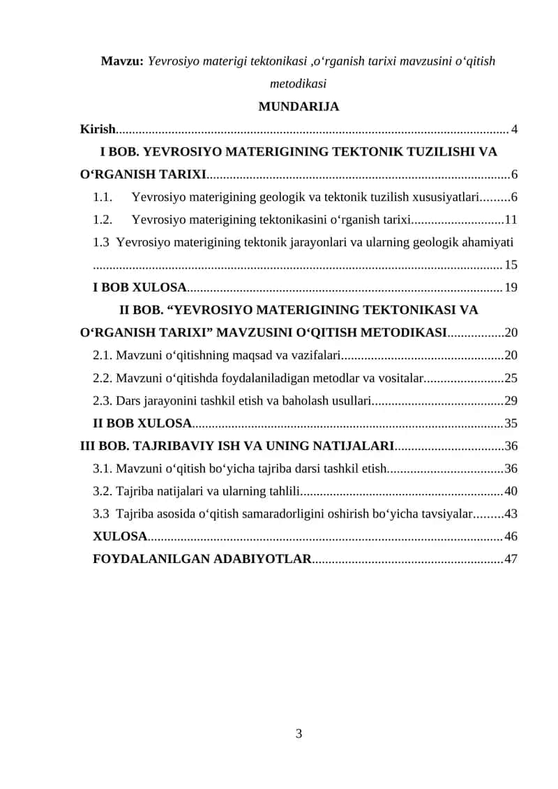 Yevrosiyo materigi tektonikasi,o‘rganish tarixi mavzusini o‘qitish metodikasi