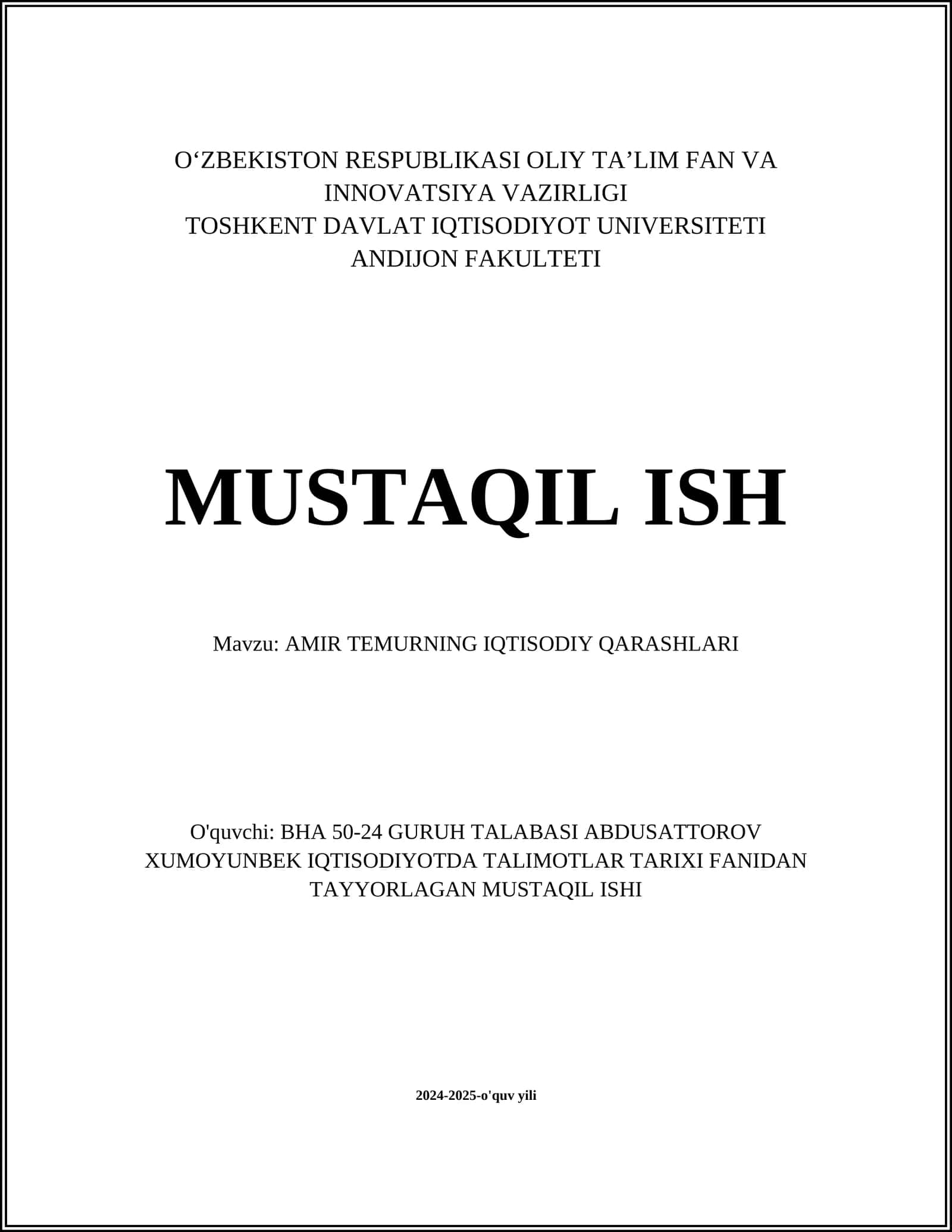 AMIR TEMURNING IQTISODIY QARASHLARI