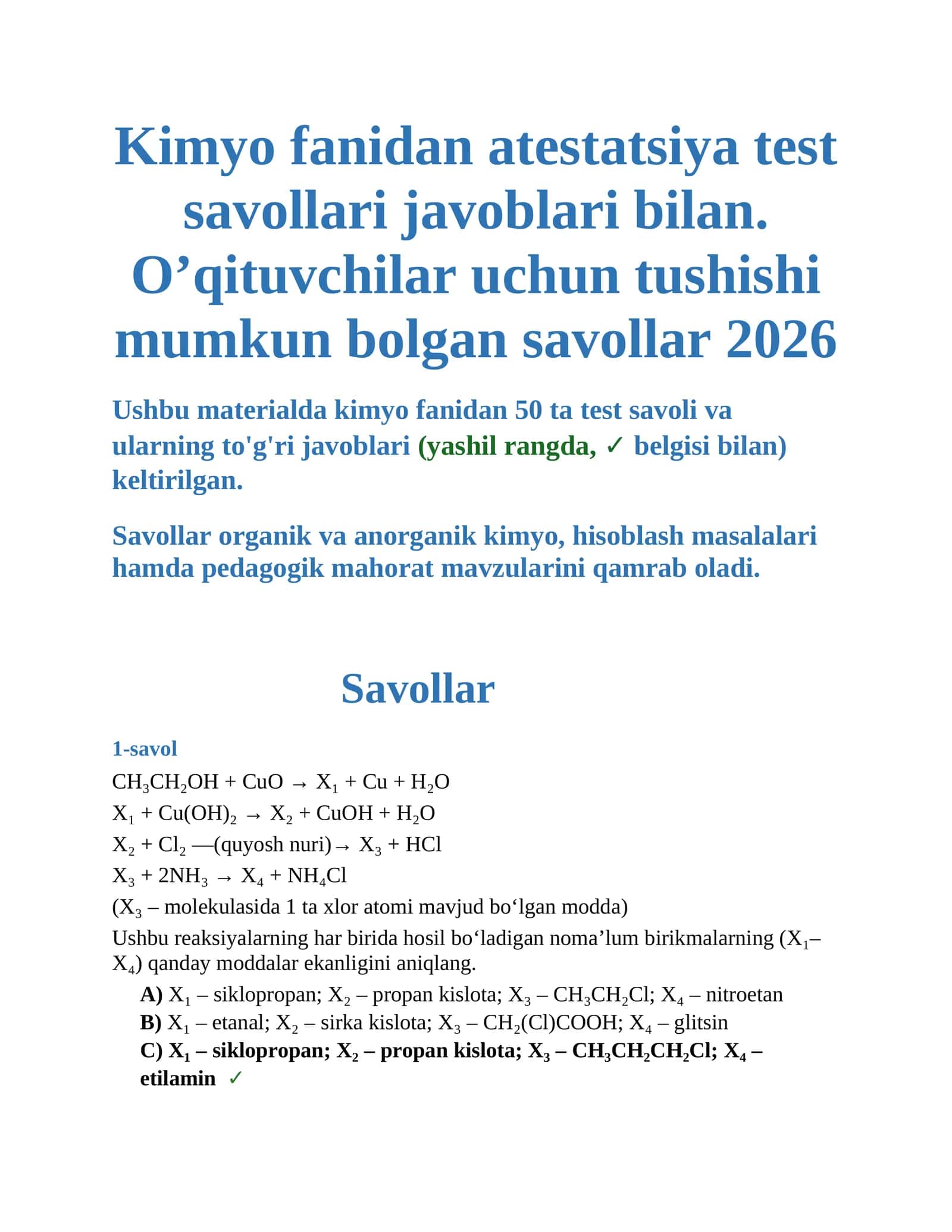 KIMYO ATESTATSIYA SAVOLLARI 2026