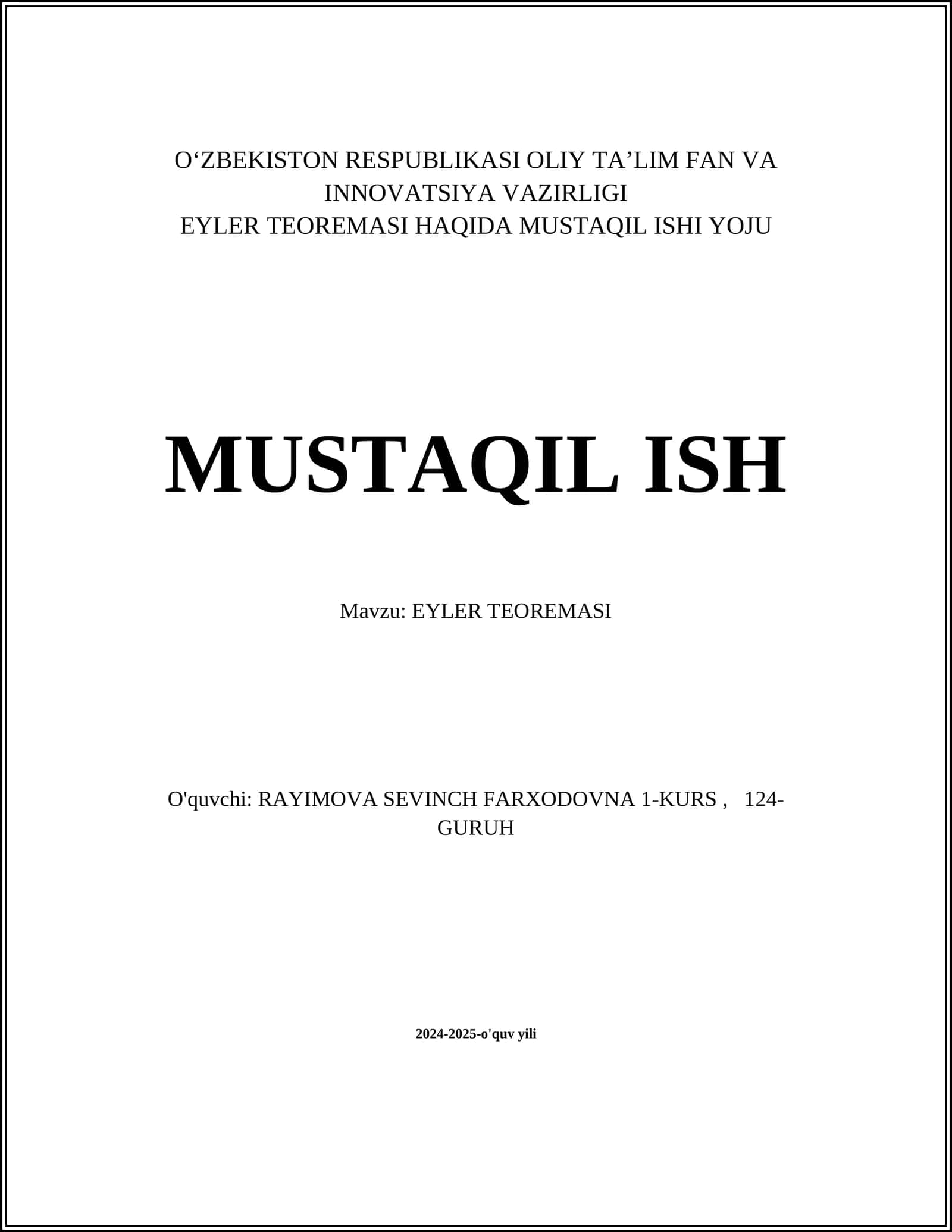 EYLER TEOREMASI HAQIDA MUSTAQIL ISHI YOJU