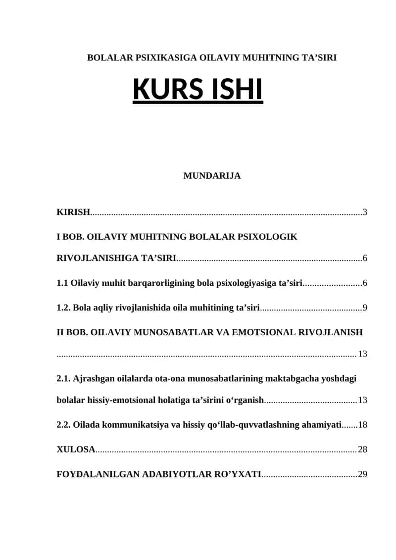 BOLALAR PSIXIKASIGA OILAVIY MUHITNING TA’SIRI KURS ISHI