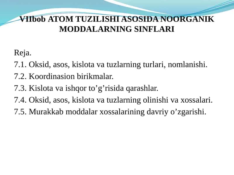 ATOM TUZILISHI ASOSIDA NOORGANIK MODDALARNING SINFLARI
