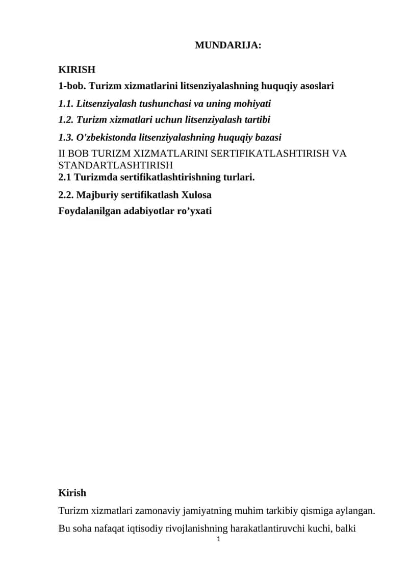 Turizm xizmatlarini litsenziyalashning huquqiy asoslari