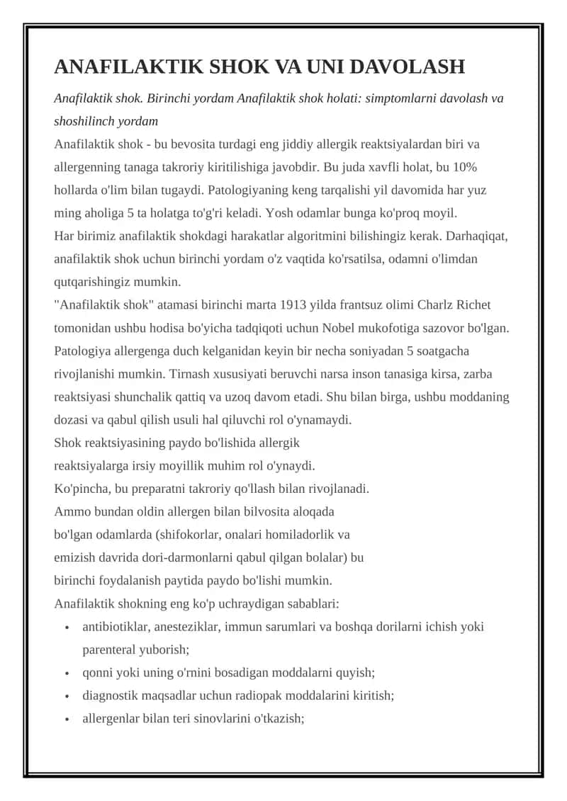 Anafilaktik shok va uni davolash