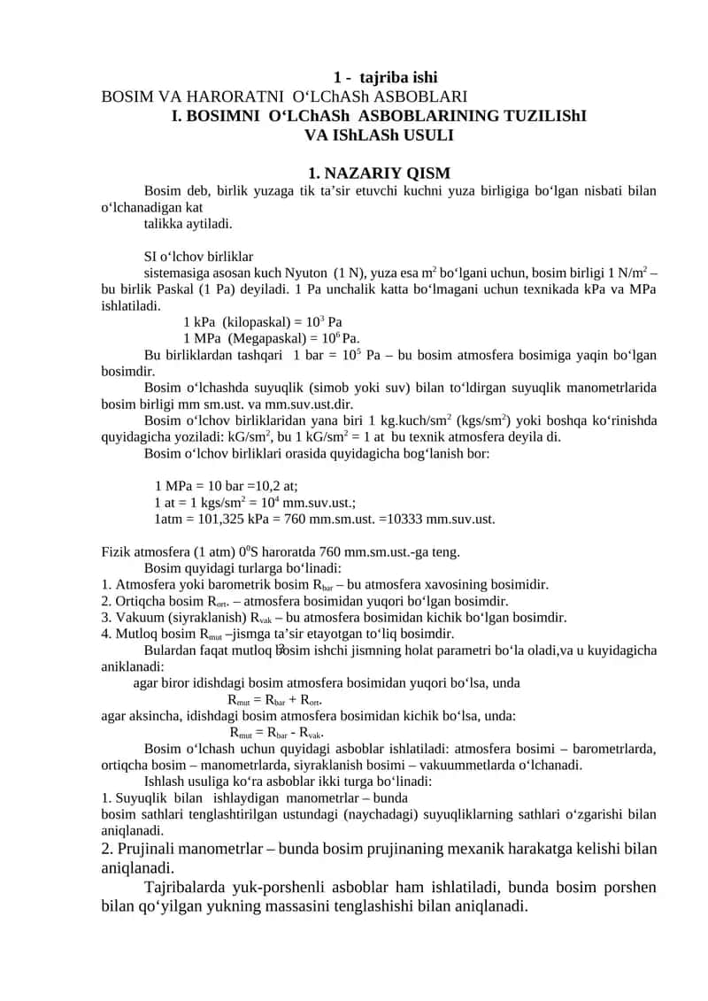 BOSIM VA HARORATNI O‘LChASh ASBOBLARI