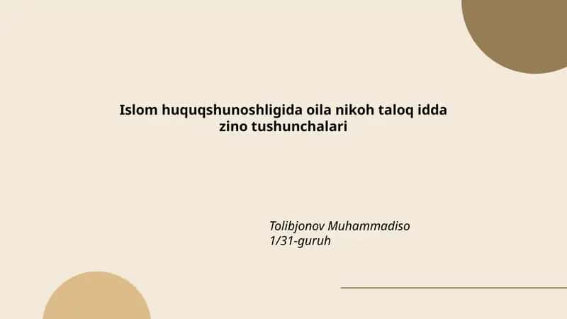 Islom huquqshunoshligida oila nikoh taloq idda zino tushunchalari