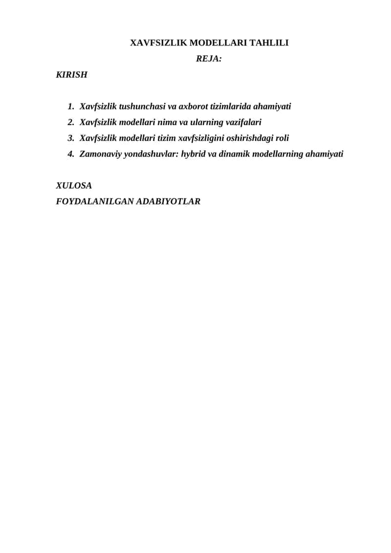 XAVFSIZLIK MODELLARI TAHLILI