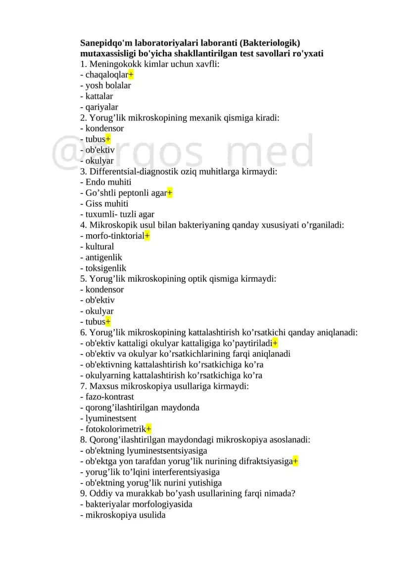 Sanepidqo'm laboratoriyalari laboranti (Bakteriologik) mutaxassisligi bo'yicha shakllantirilgan test savollari ro'yxati