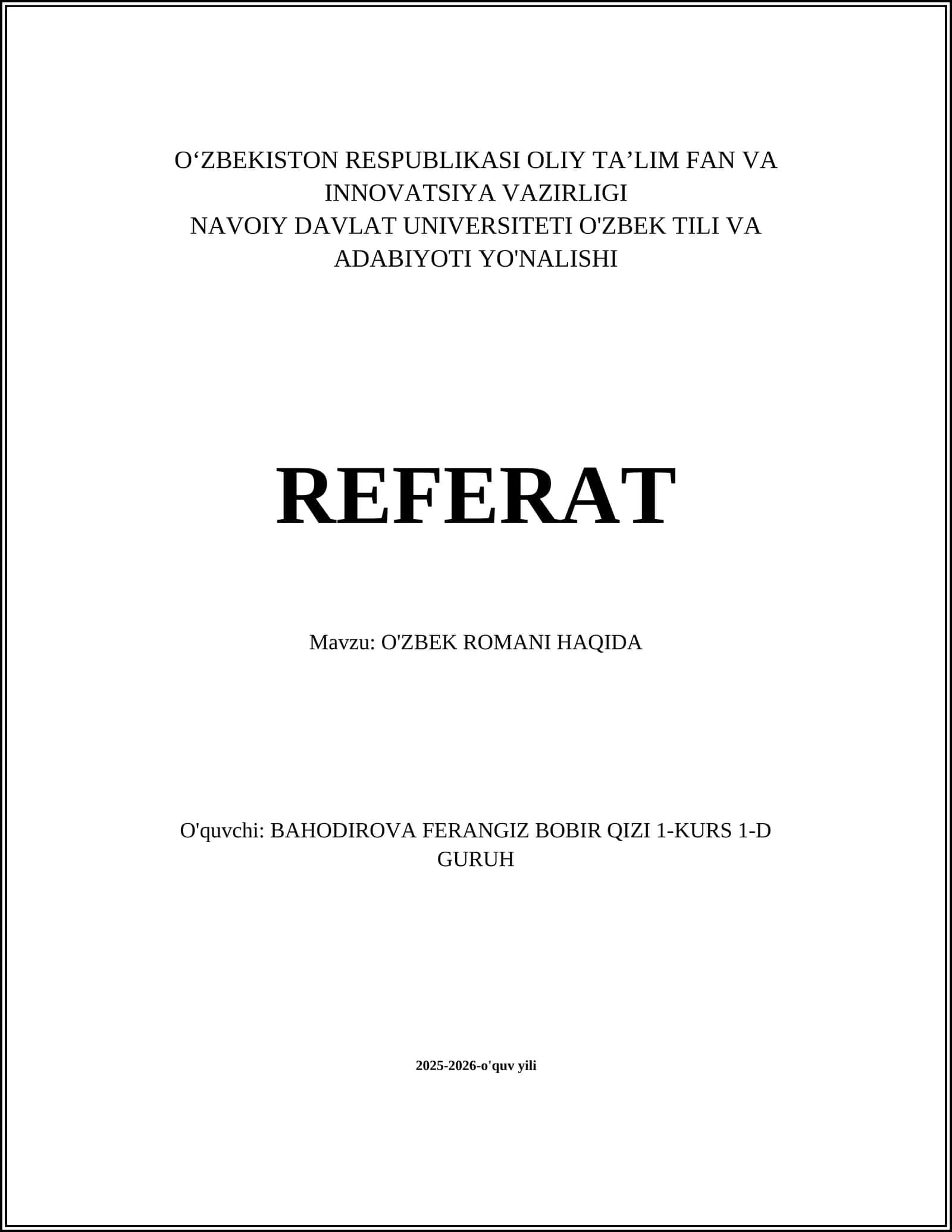 O'ZBEK ROMANI HAQIDA